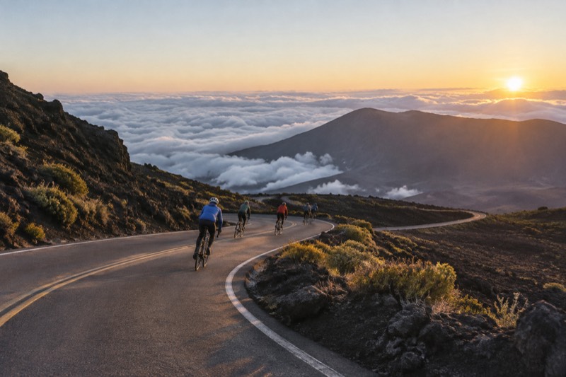 Cyclists pedal along a winding paved road on a rocky volcanic slope above a sea of clouds with the sun on the horizon.