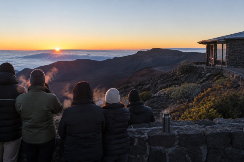 Five people in jackets and hats stand on a stone wall at Haleakala summit watching the sky above a sea of clouds, a thermos nearby.
