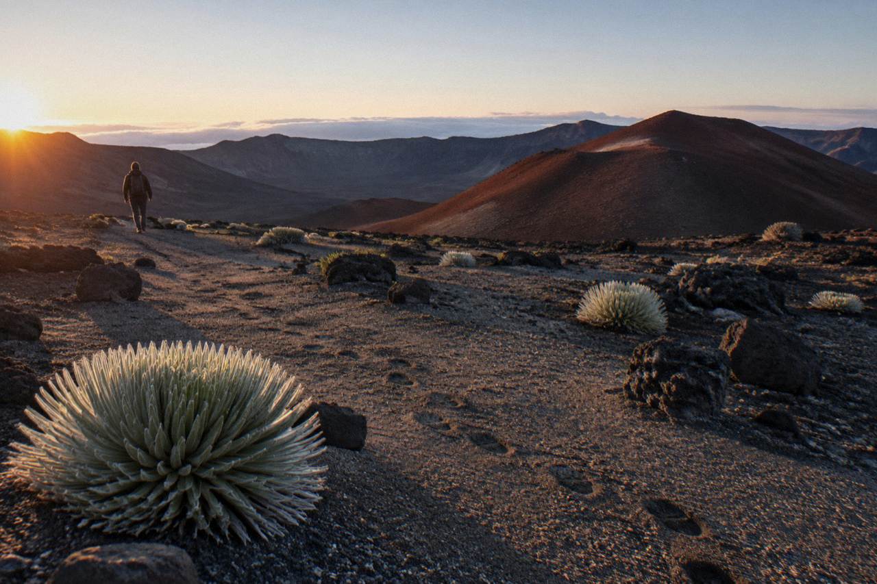 The Haleakala crater floor at first light, with cinder cones and long shadows across the volcanic landscape