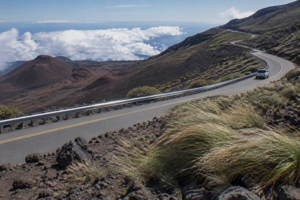 Crater Road winding up the slope of Haleakala toward the summit overlooks