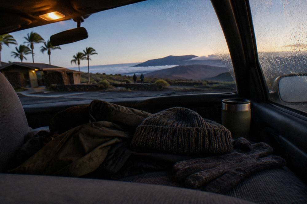 Folded jackets, beanies and gloves laid out on a car seat before a pre-dawn drive