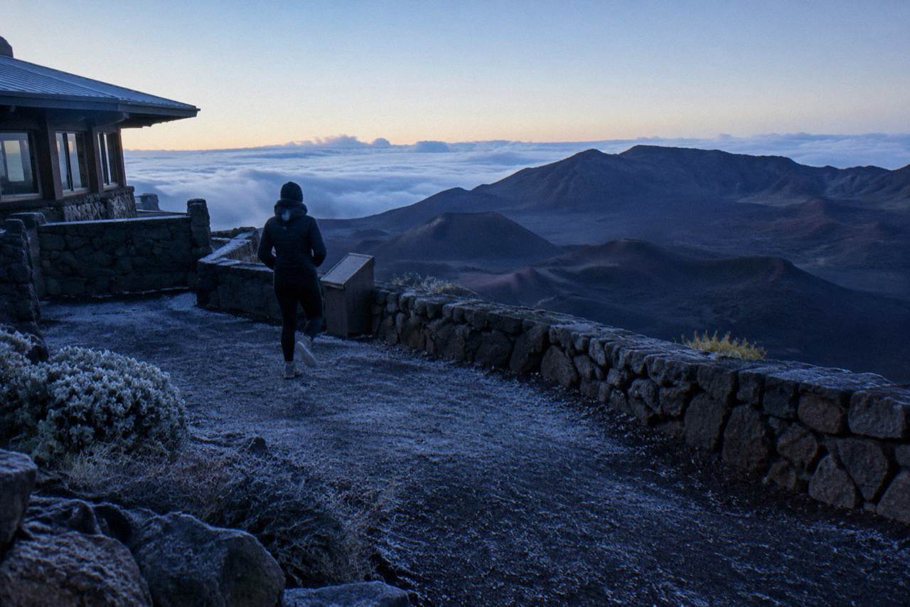 Dawn light over the Haleakala crater floor with cinder cones in shadow