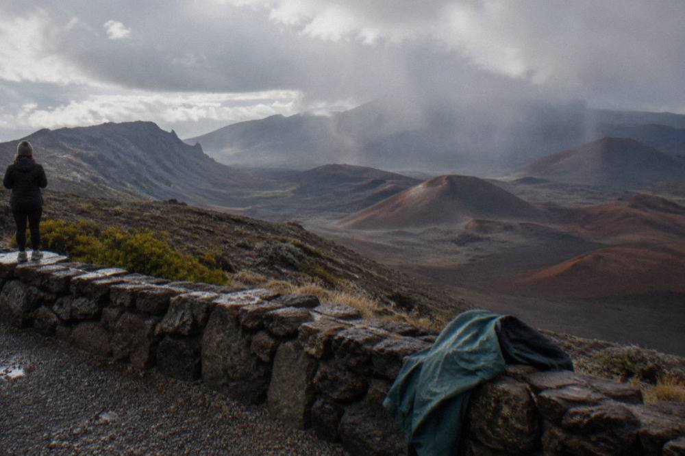 View across the eroded crater floor from a high summit overlook