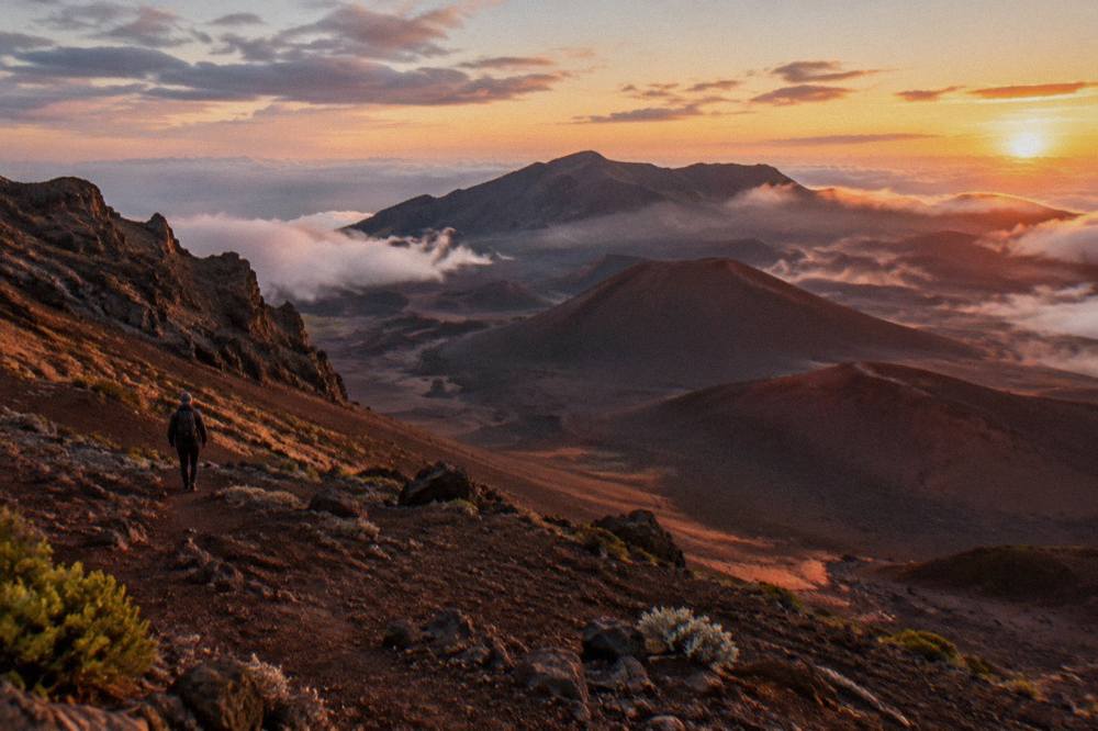 Sunset colors over the eroded cinder cones inside the Haleakala crater