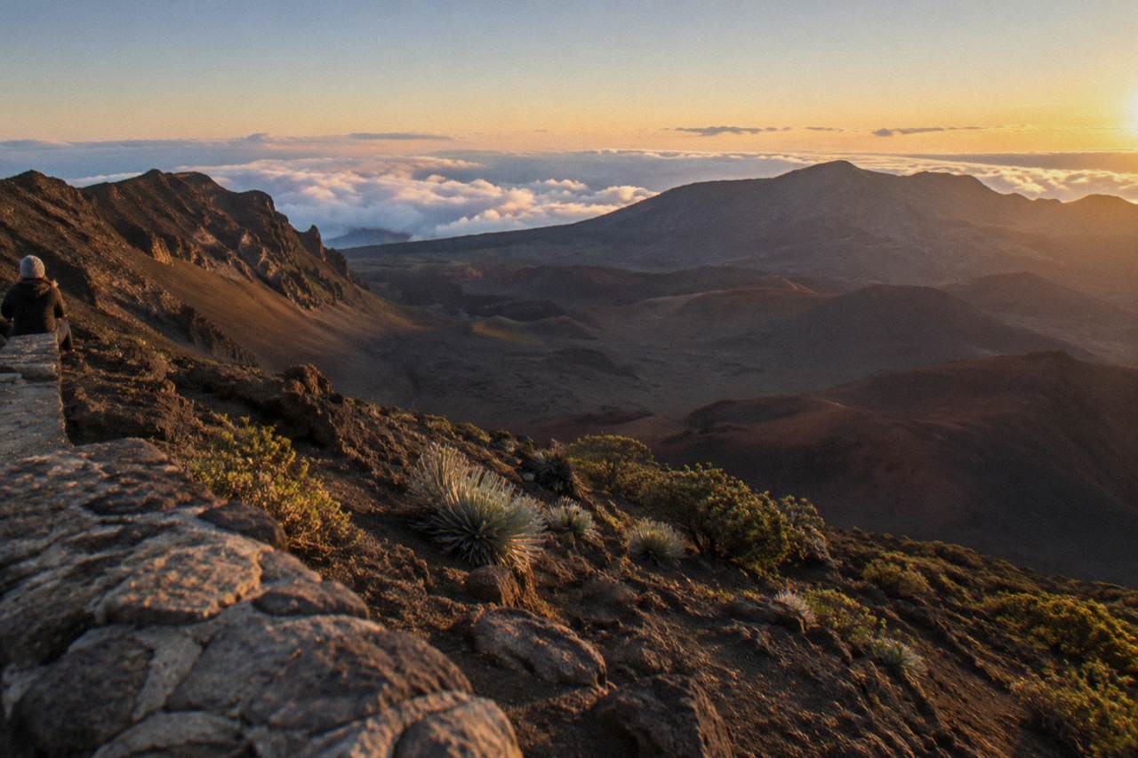 Golden evening light across the Haleakala crater from a summit overlook