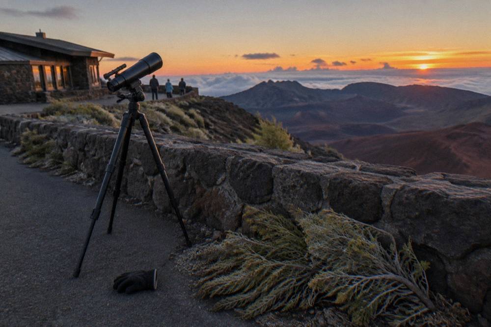 Telescope set up at Haleakala summit at dusk with orange sunset sky