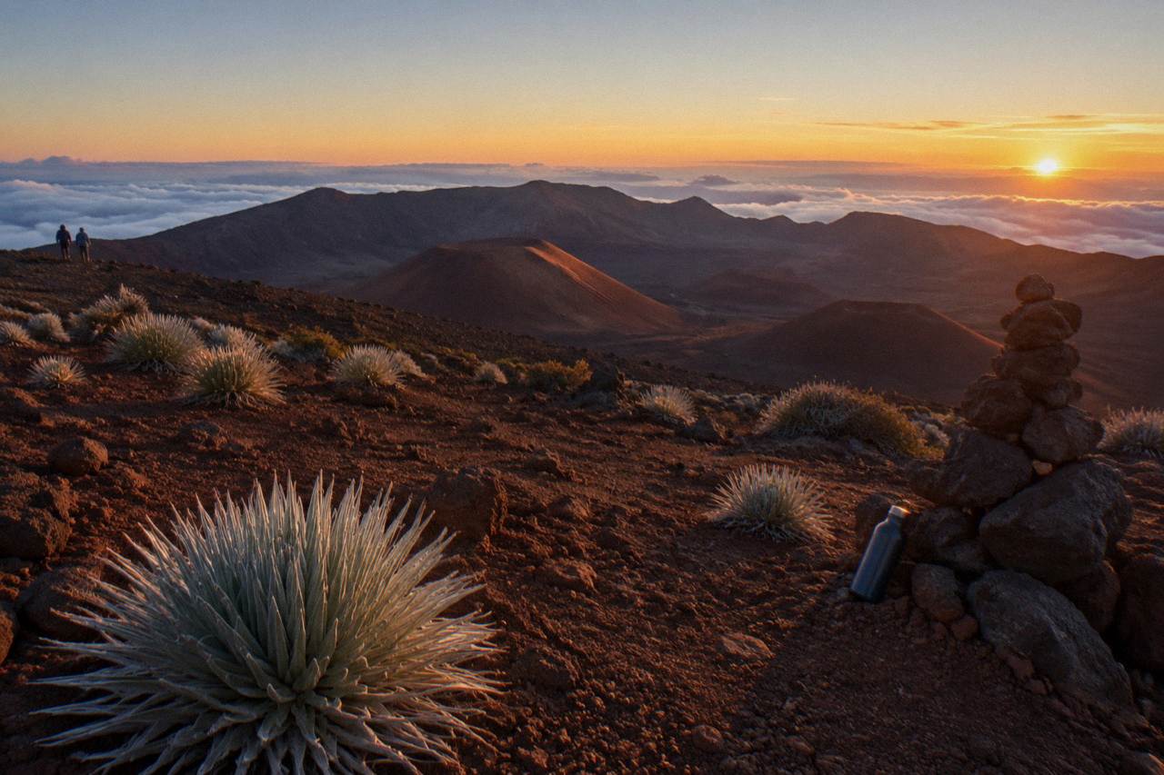 Golden sunset light over the Haleakala crater rim and cinder cones