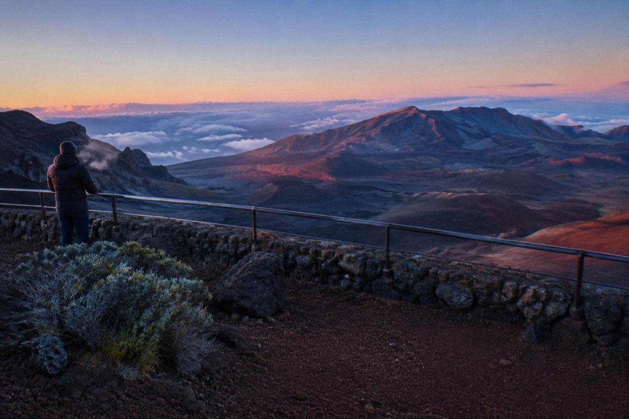 Sunrise light over the Haleakala crater floor seen from a summit overlook