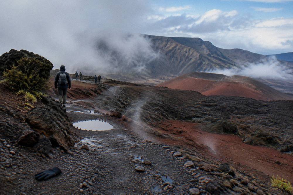 A trail winding past dark lava flows and red cinder toward a crater rim