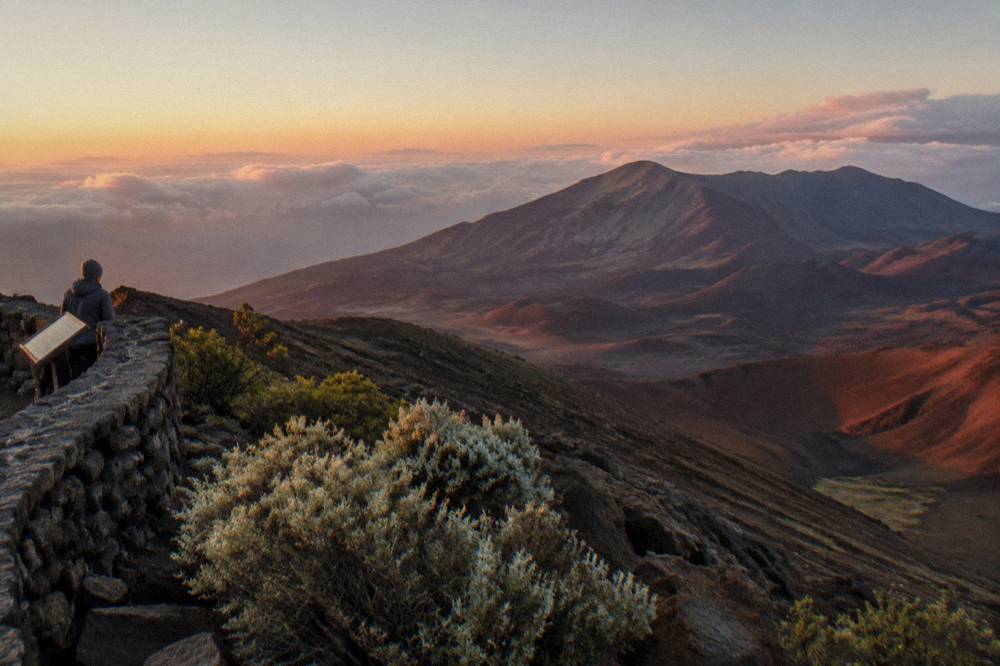 Sunset colors fading over the eroded ridges inside the Haleakala crater