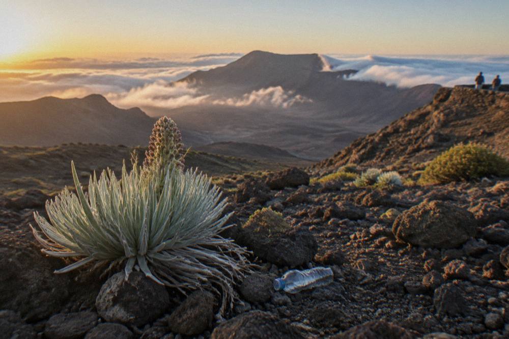 Golden morning light across the Haleakala crater floor with scattered clouds below the rim