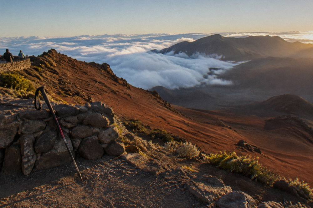Red cinder slopes and cloud tops seen from a high Haleakala overlook