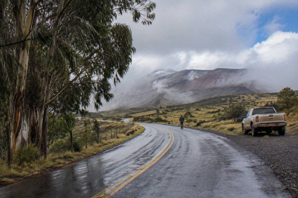 Winding paved road climbing through open ranch land toward the Haleakala summit district