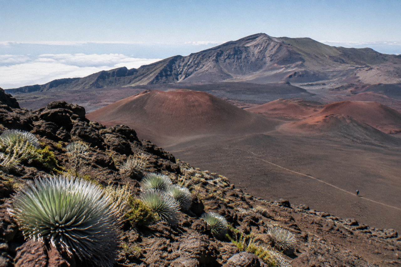 Cinder cone landscape near the Haleakala summit under a wide open sky