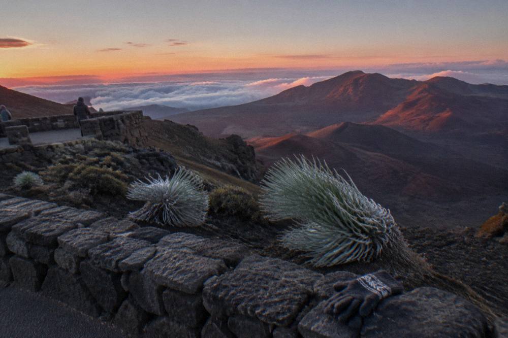 Pink and orange dawn light on the cinder cones inside the Haleakala crater