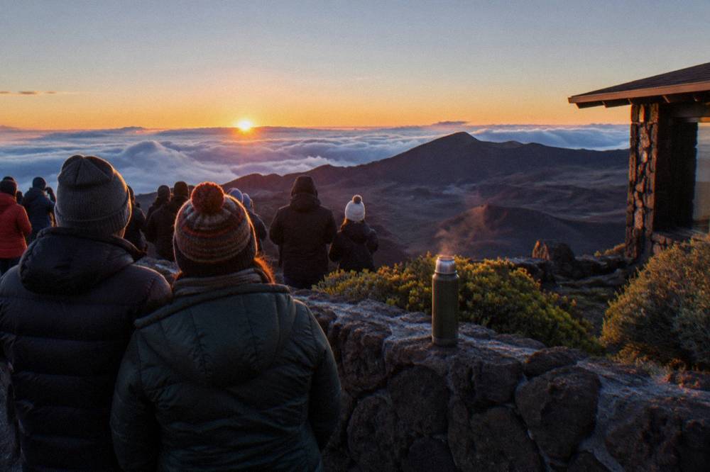 Crowd of visitors in jackets watching sunrise from a stone overlook at the Haleakala summit