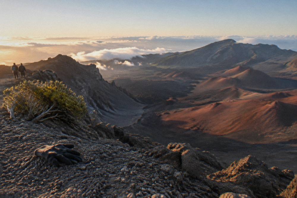 Golden morning light on the eroded slopes inside the Haleakala crater