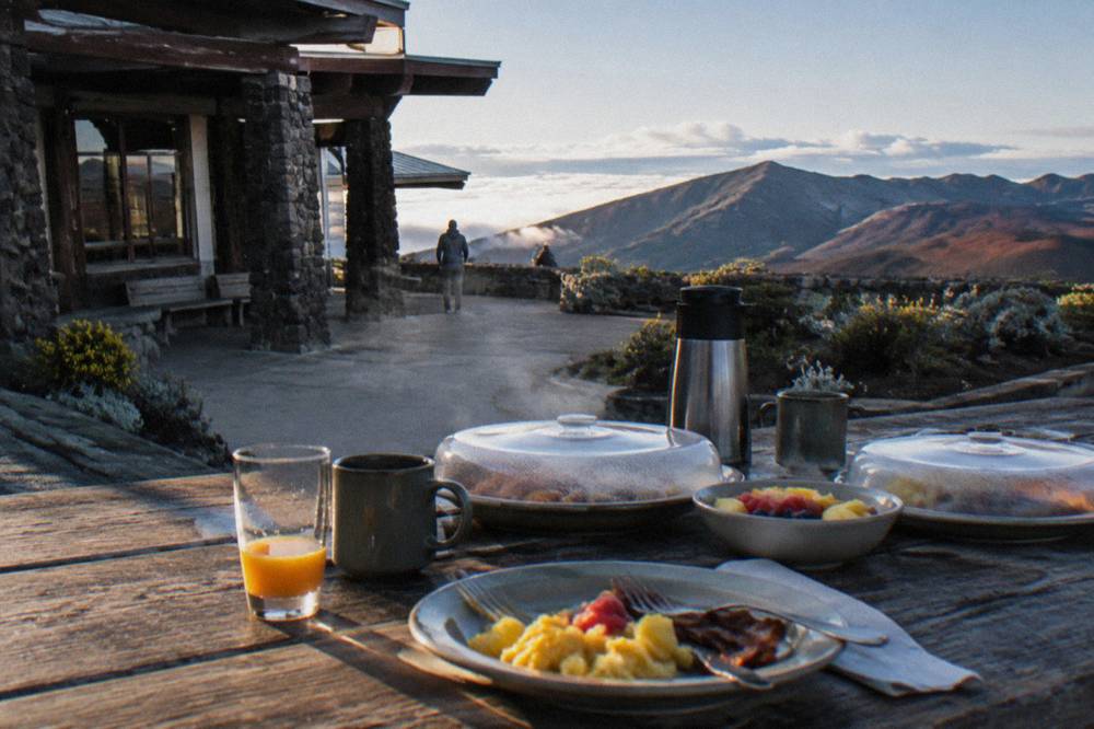 Breakfast spread laid out for a tour group after a summit sunrise