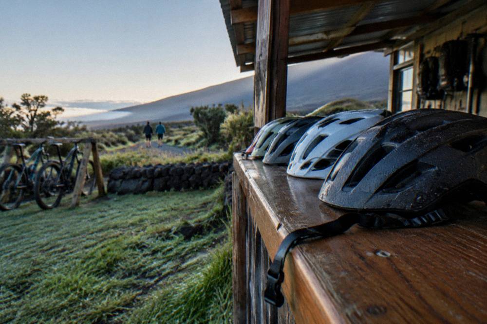 A row of cruiser bicycles lined up outside a Maui bike shop at first light