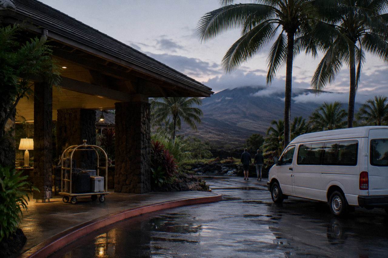 A quiet Maui resort driveway before dawn with a tour van waiting at the curb