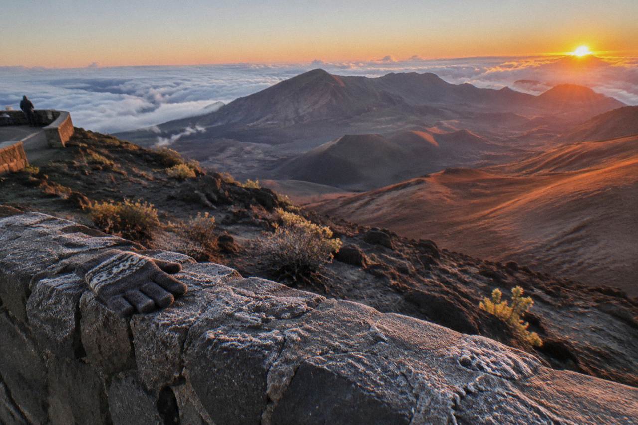 Sunrise light over the eroded ridges of the Haleakala crater from a summit overlook