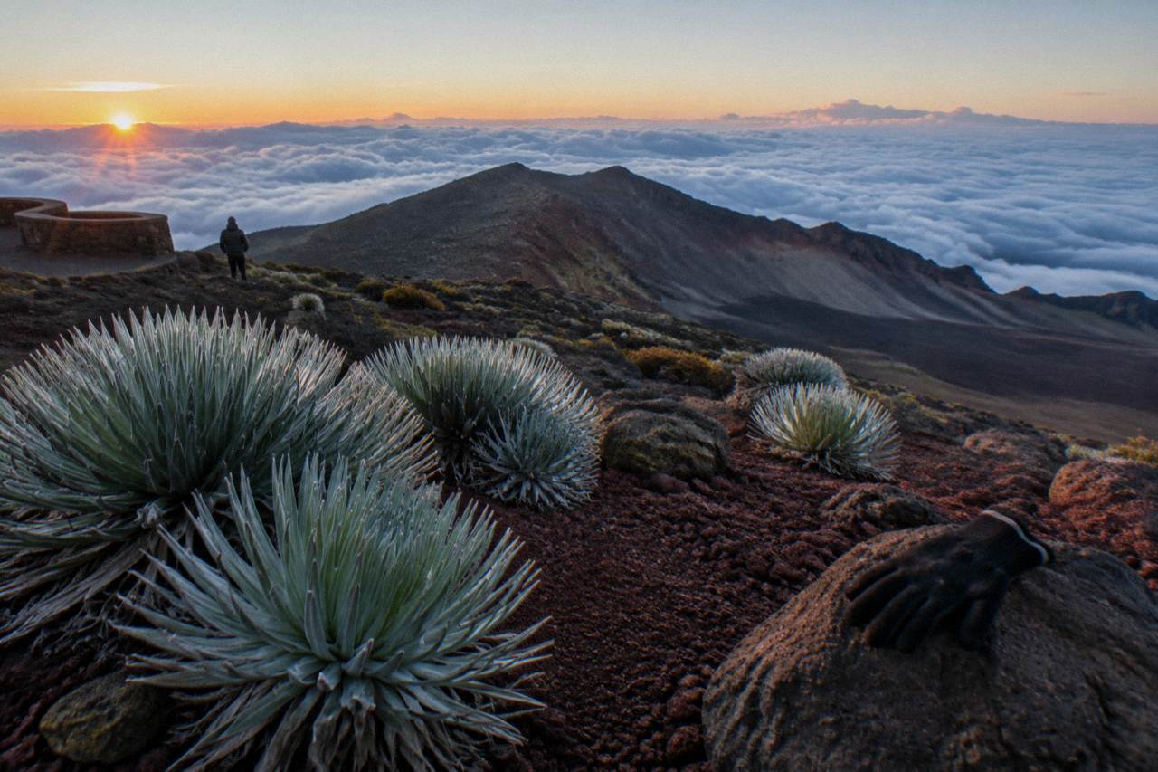 A quiet crater overlook above a sea of clouds at first light