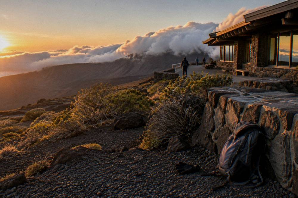 Clouds pouring over a high ridge line at golden hour above a dark lava landscape
