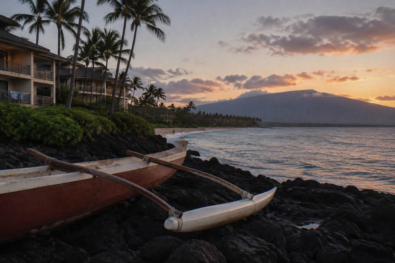 Coastal resort town on Maui at dusk with the distant silhouette of a volcano on the horizon